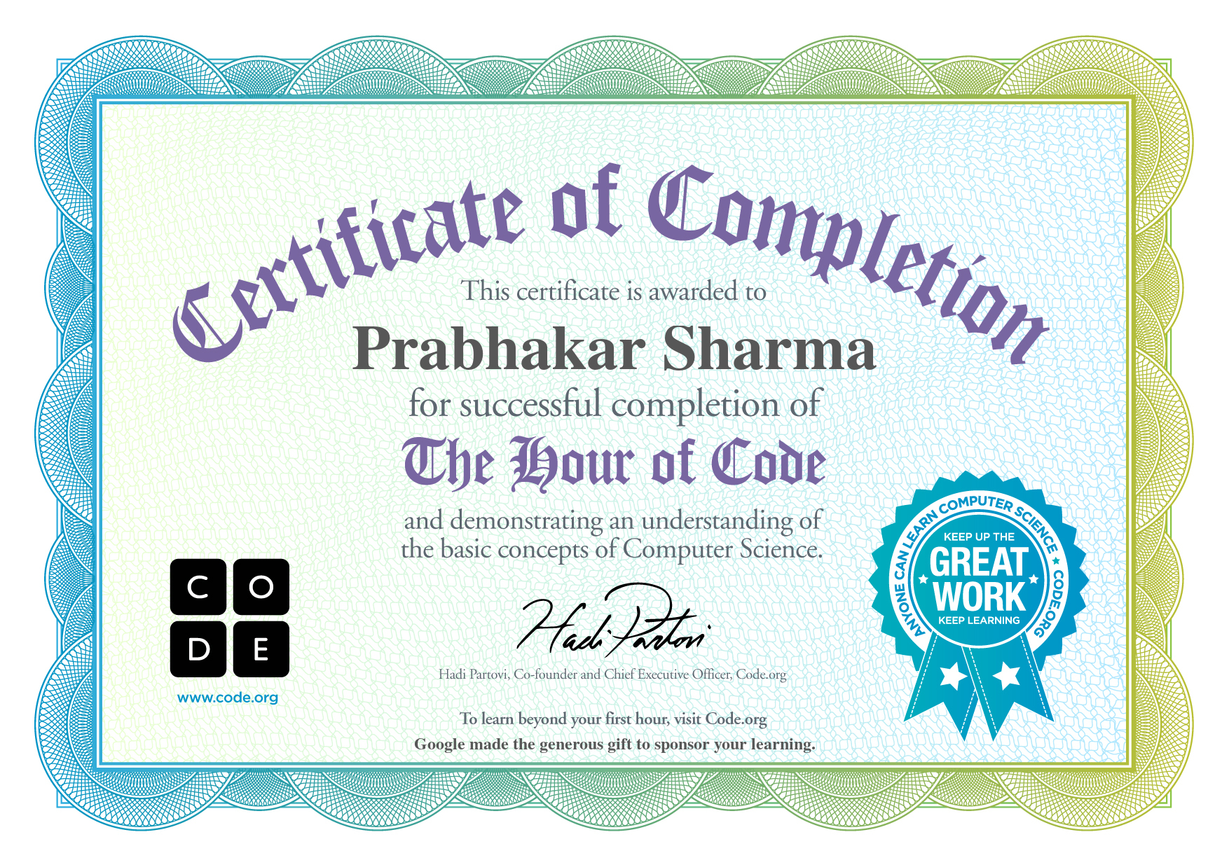 Certificate for Prabhakar Sharma for completion of Dance Party