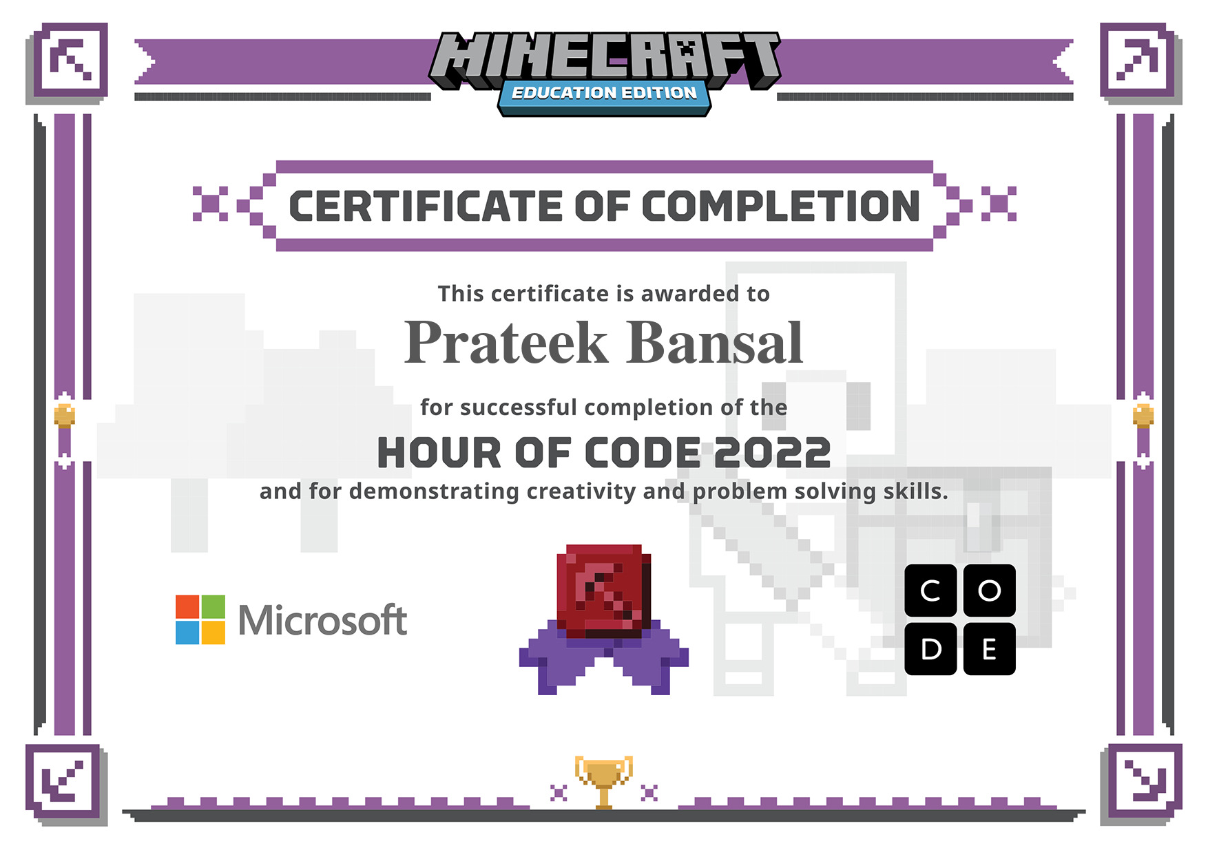 Certificate for Prateek Bansal for completion of One Hour of Code