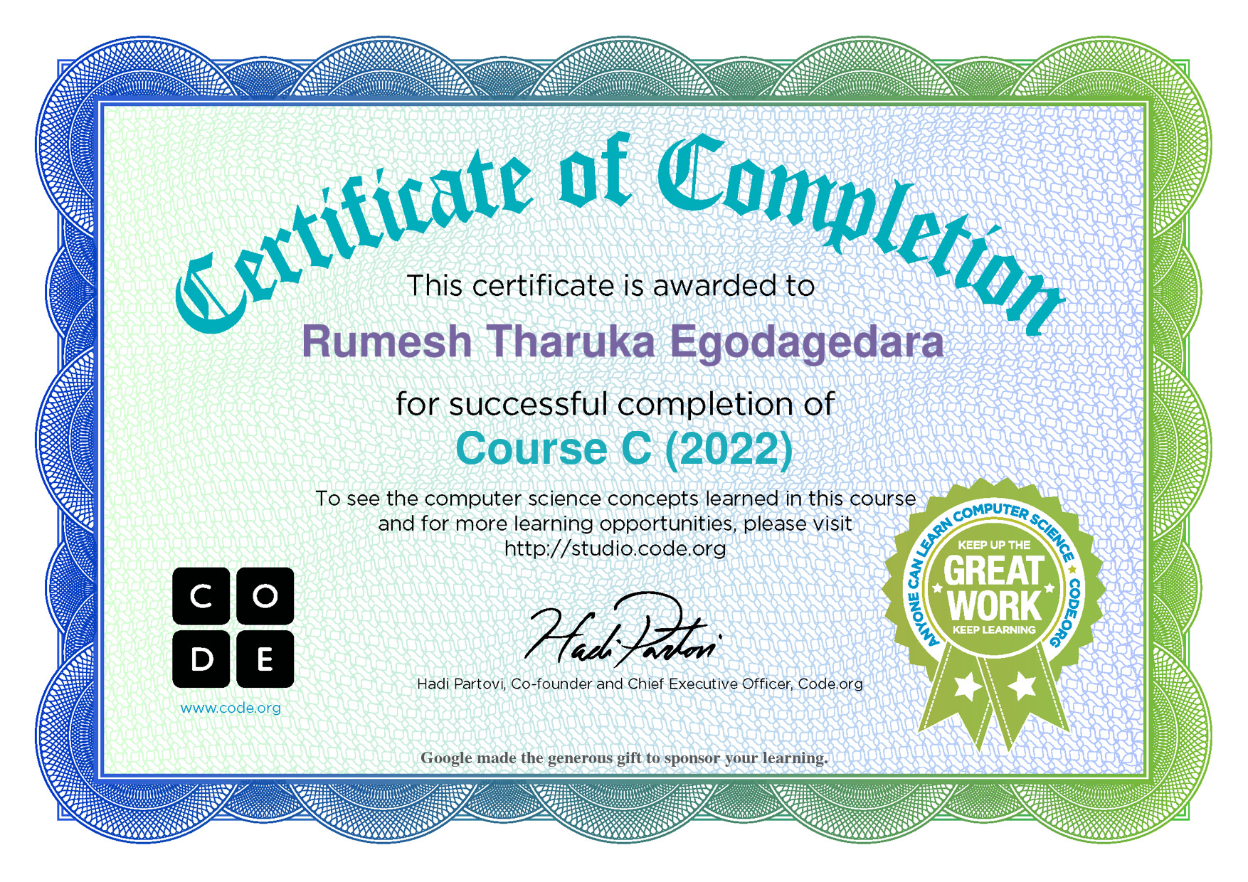 Certificate for Rumesh Tharuka Egodagedara for completion of Course C (2022)