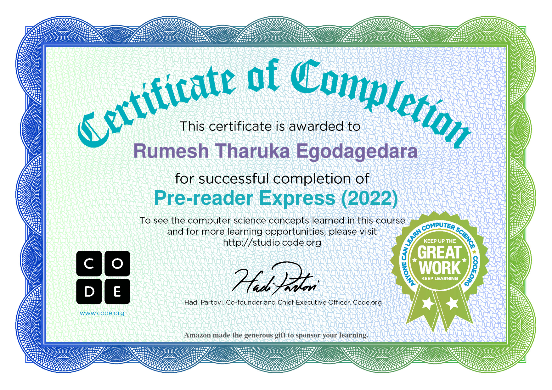 Certificate for Rumesh Tharuka Egodagedara for completion of Pre-reader Express (2022)