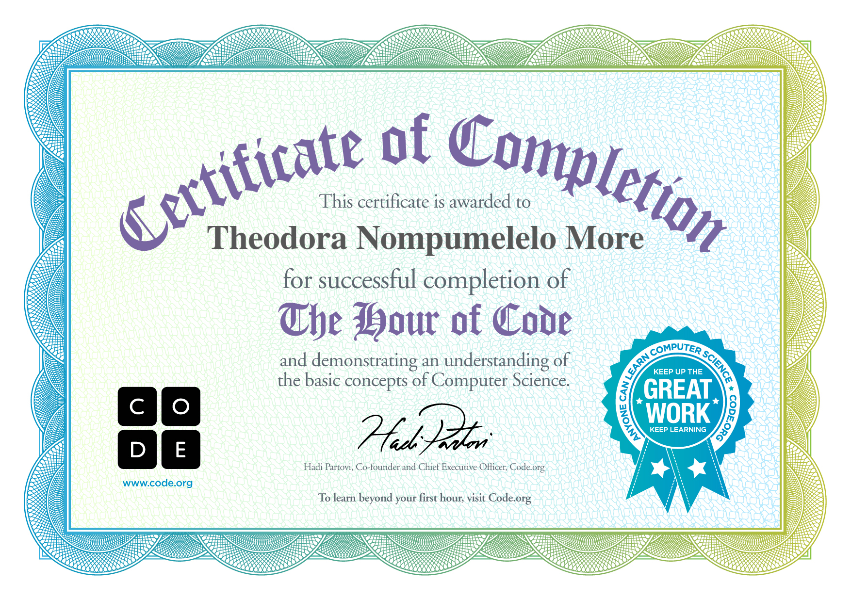 Certificate for Theodora Nompumelelo More for completion of Classic Maze