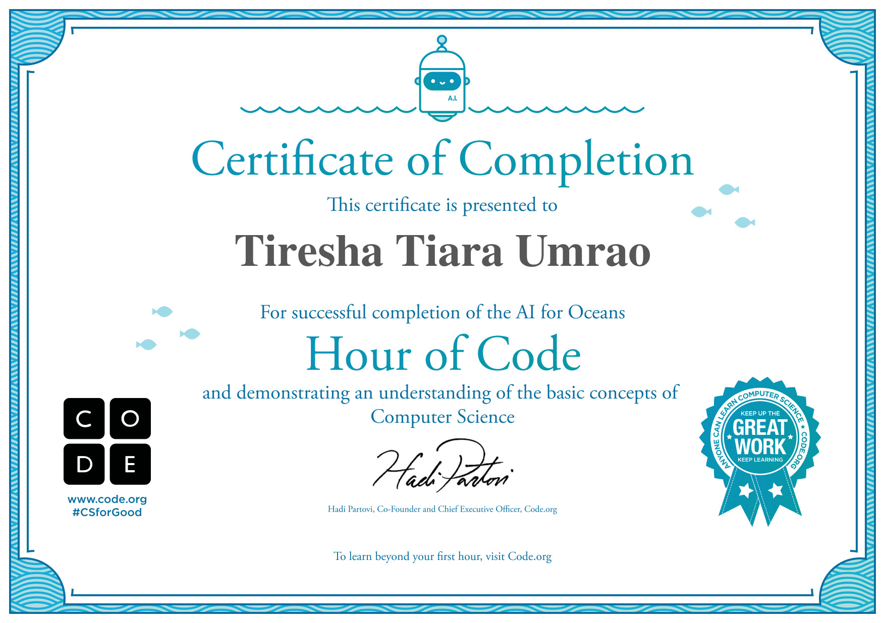Certificate for Tiresha Tiara Umrao for completion of AI for Oceans