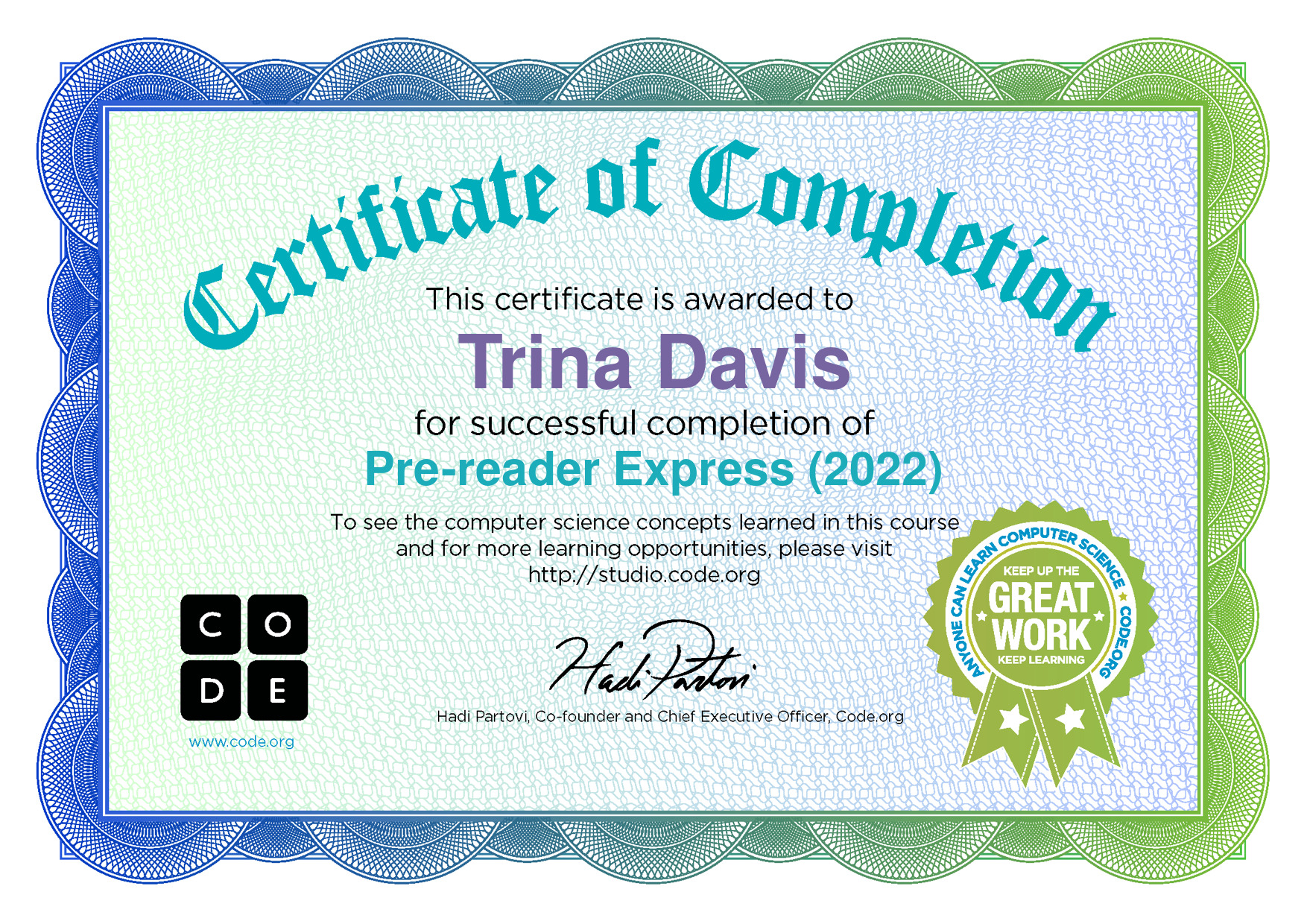 Certificate for Trina Davis for completion of Pre-reader Express (2022)