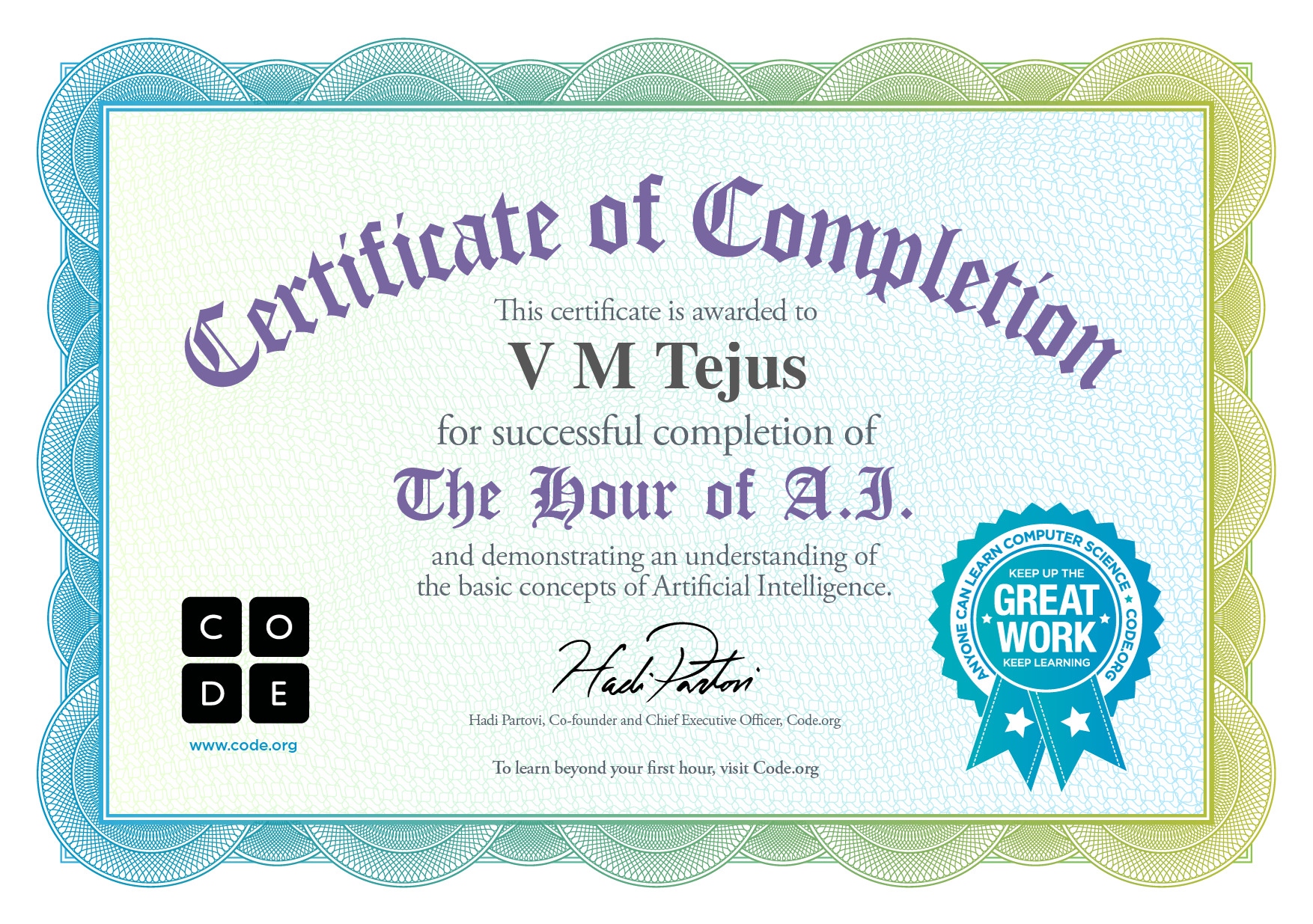 Certificate for V M Tejus for completion of Code with Anna and Elsa