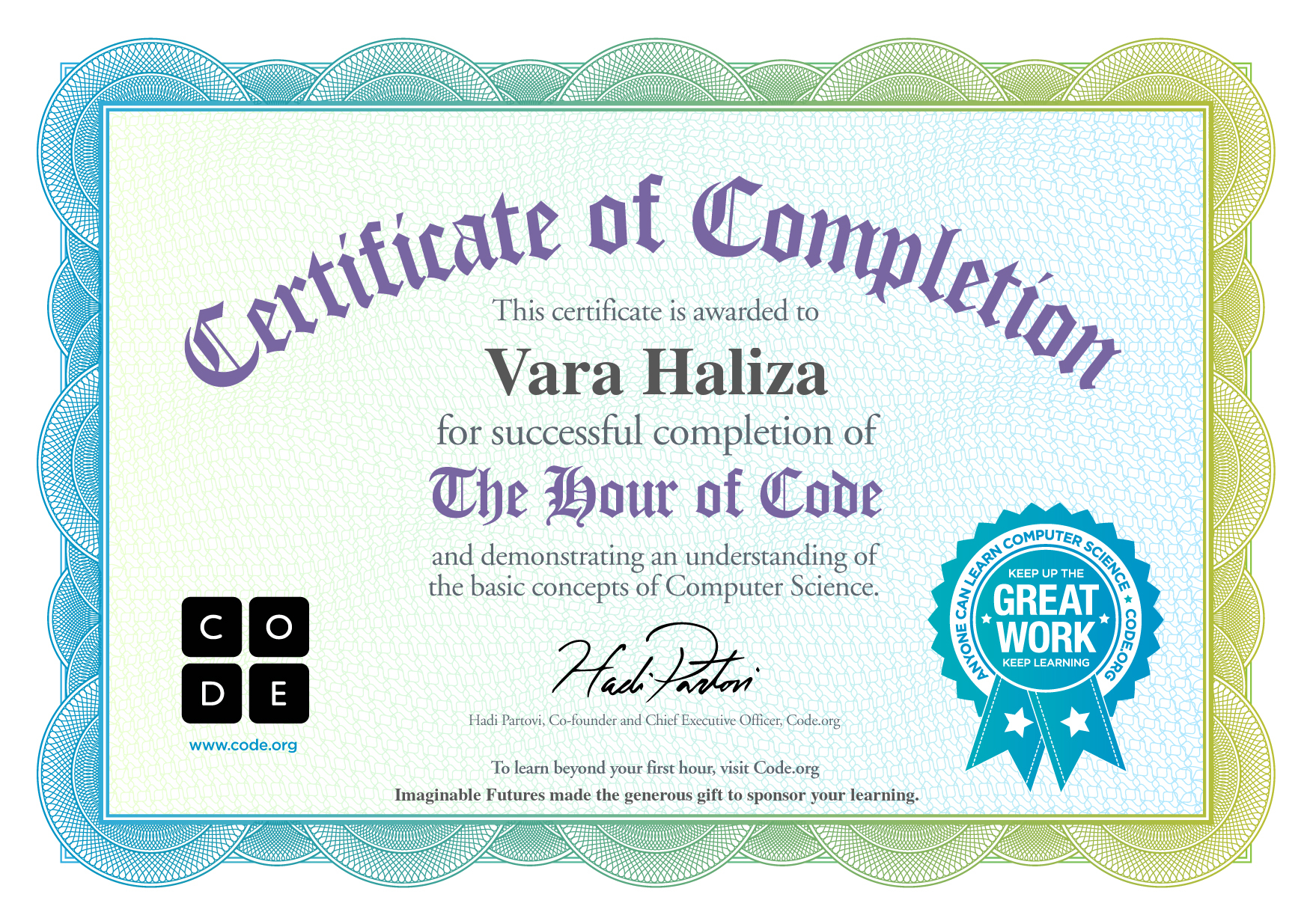 Certificate for Vara Haliza for completion of Classic Maze
