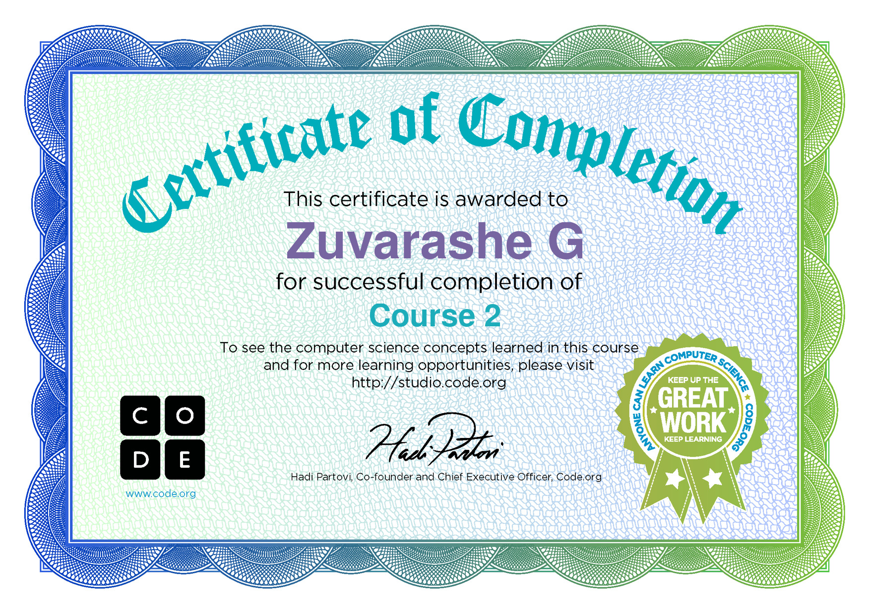 Certificate for completion of Course 2 - Code.org
