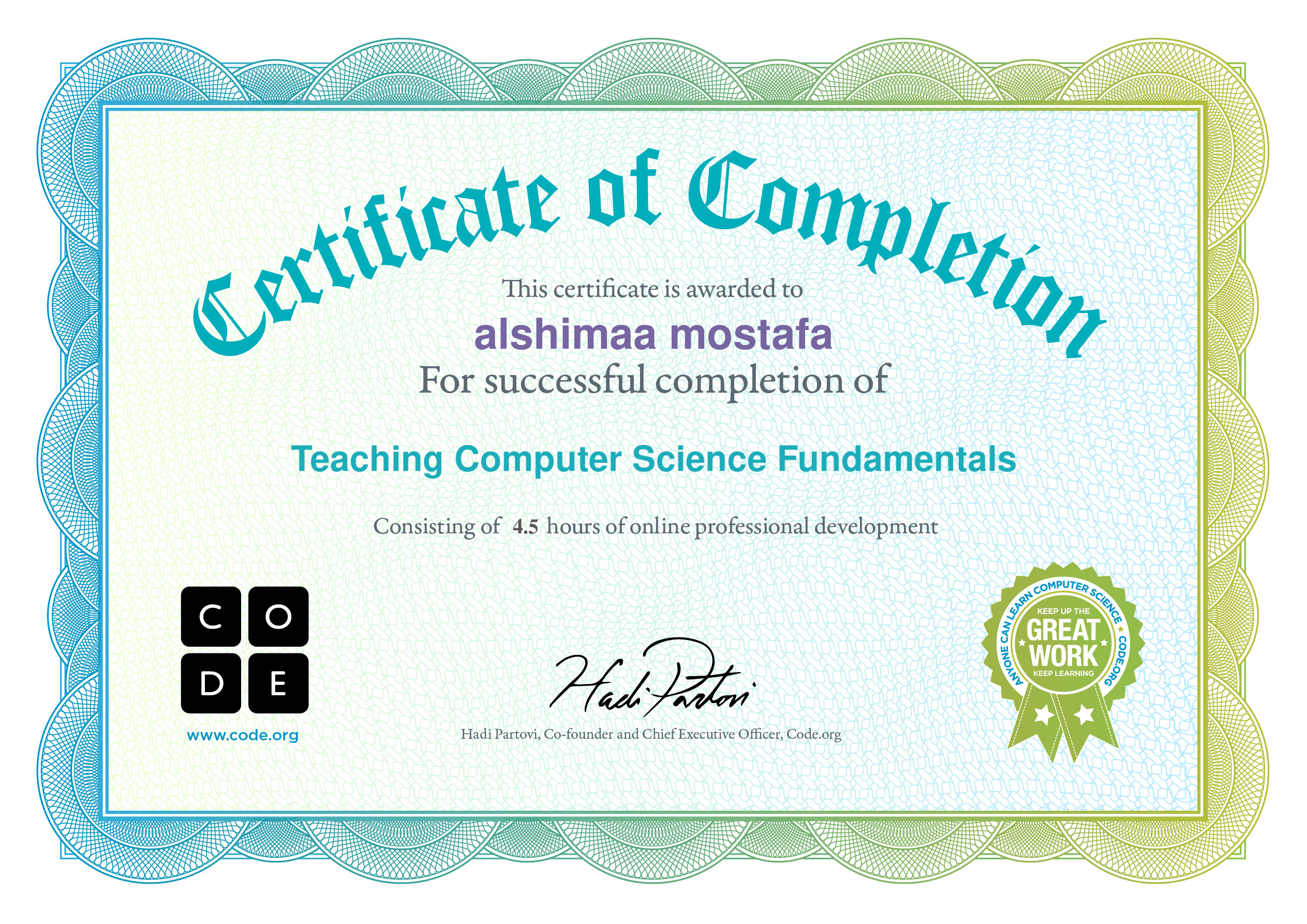 Certificate for alshimaa mostafa for completion of Teaching Computer Science Fundamentals