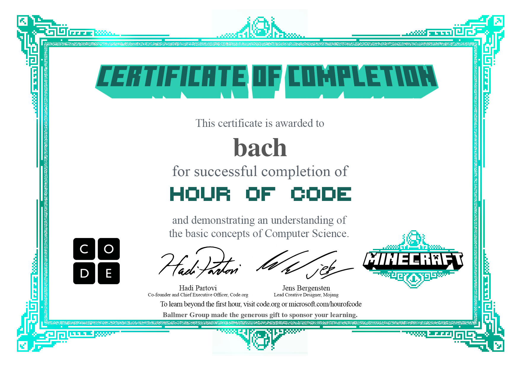 Certificate for bach for completion of Minecraft Designer