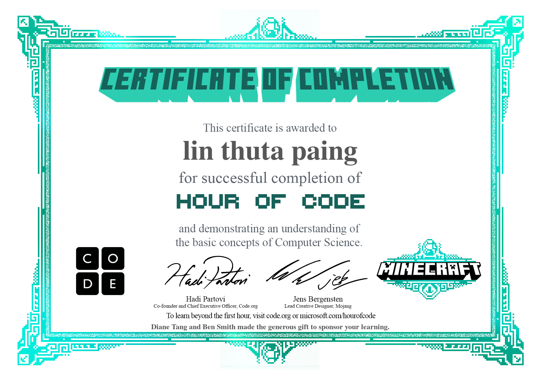 Certificate for lin thuta paing for completion of Minecraft Adventurer