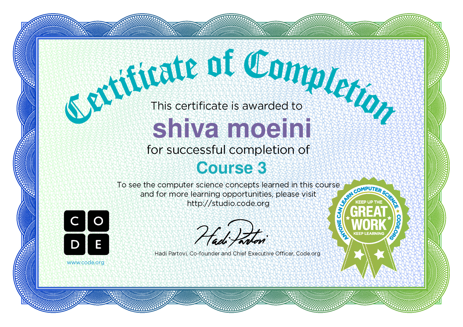 Certificate for shiva moeini for completion of Course 3