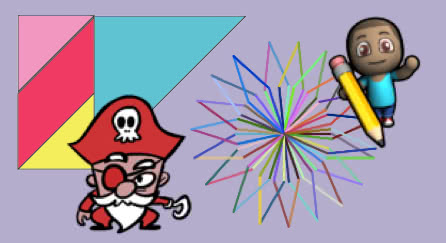 A collage of Code.org puzzles showing colorful geometric shapes, a red pirate, and an artist.