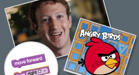 A collage of images showing code, Mark Zuckerberg, and Angry Birds.