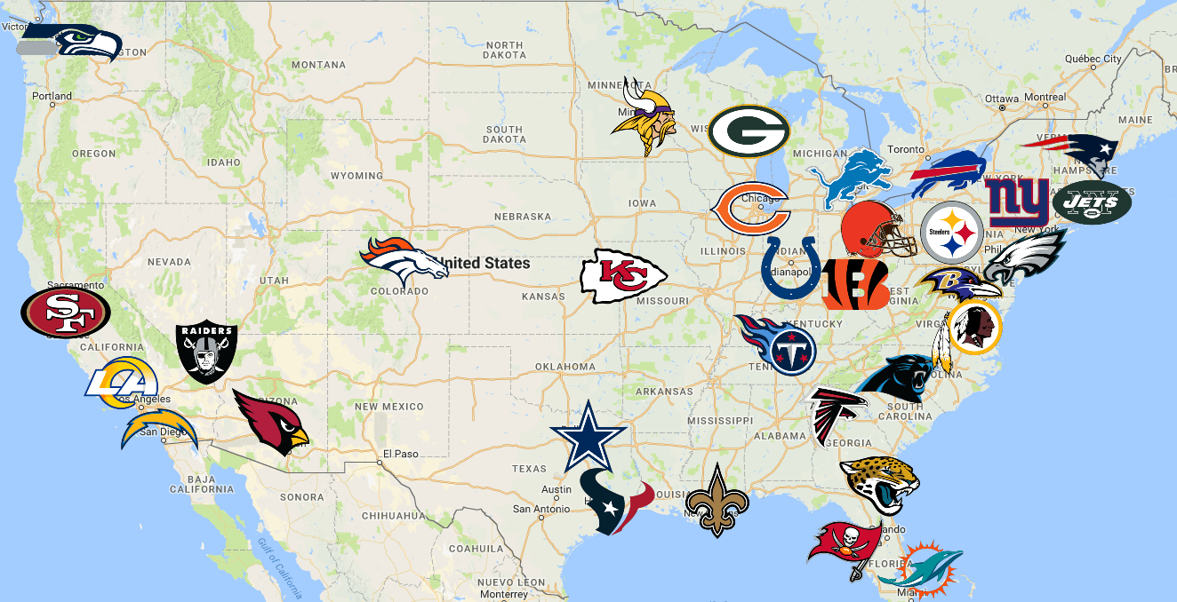 NFL cities map with conferences displayed : r/nfl